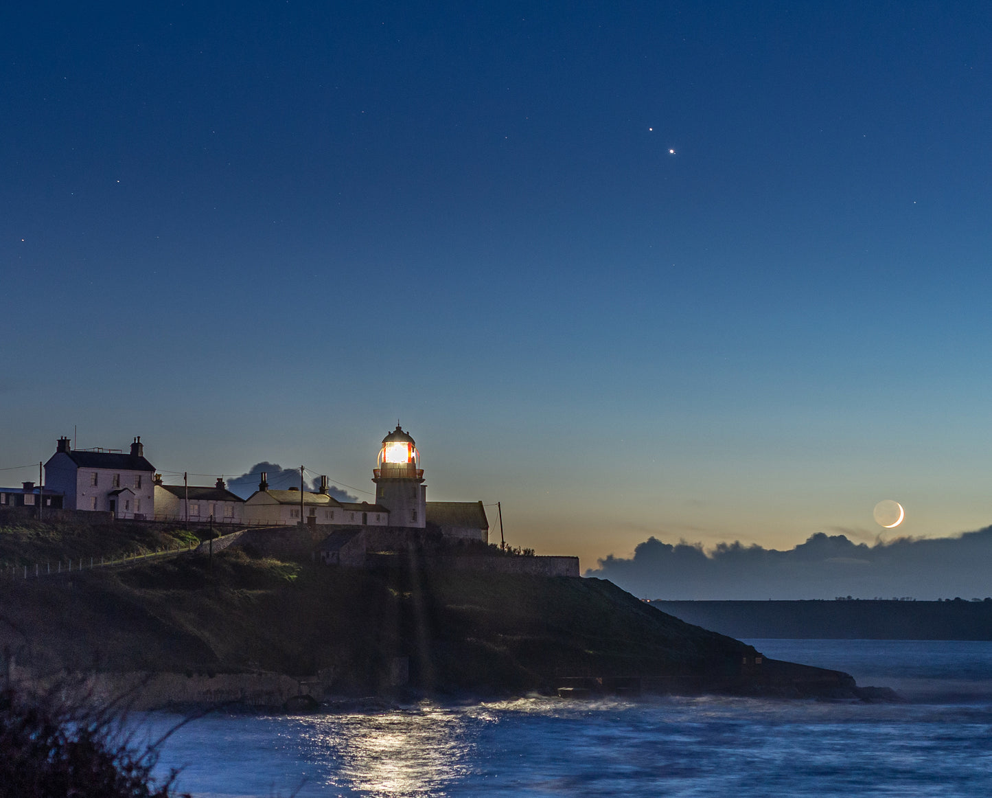 Moon, Jupiter, Saturn Over Roches Point Lighthouse