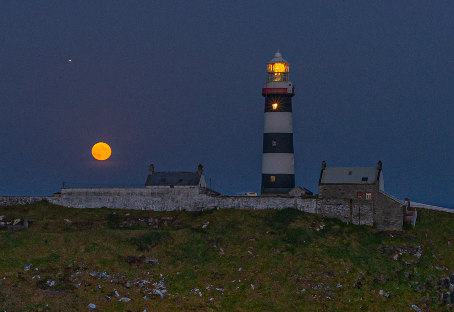 Moon, Jupiter Over Old Head of Kinsale Lighthouse