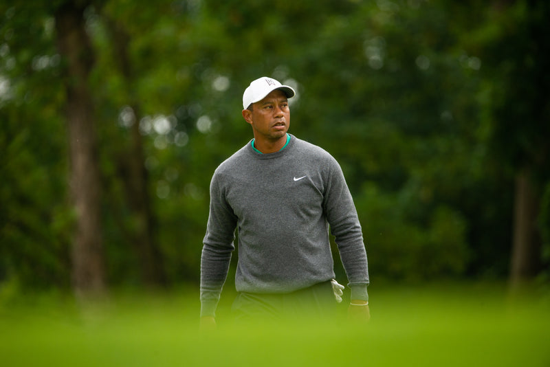 Tiger Woods in a gray Nike sweater during Day 2 of the 2022 JP McManus Pro-Am at Adare Manor, Limerick