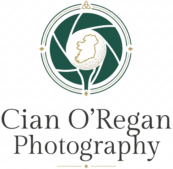 A logo for Cian O’Regan Photography featuring a circular camera-lens-style emblem with a golf ball and map silhouette in the center, above the text 'Cian O’Regan Photography' and 'IRELAND' on a white background.