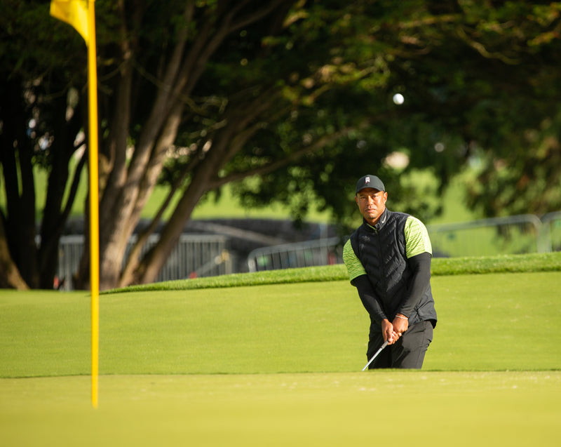 Tiger Woods chips to the 18th green at Adare Manor at the end of Day 1 of the 2022 JP McManus Pro-Am in Limerick.